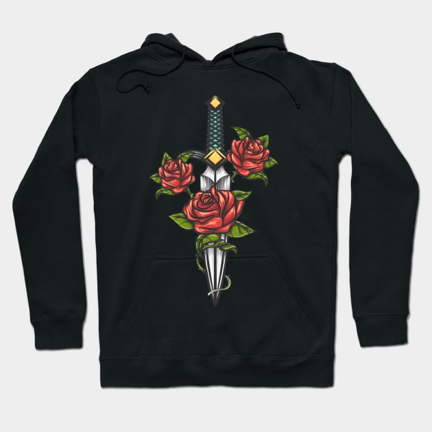 Dagger Knife and Rose Flowers Drawn in Tattoo Style Hoodie by devaleta